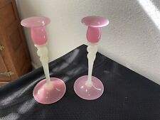 2 RARE Carder Steuben 10 Inch Pink Rosaline Candlestick Holders. MINT picture
