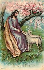 Blessed Easter Jesus with Lambs Embossed Vintage Postcard C1910 picture