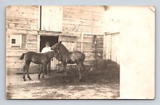 RPPC Man with Two Horses at Barn Real Photo Postcard picture