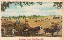 Vintage Postcard 1920's Harvesting Hay Cape Horse Cart Greetings Omaha Arkansas picture