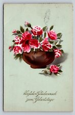 c1920 Pink Roses in Pot Best Wishes for Your Birthday Embossed Postcard 1110 picture