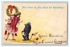 1906 Merry Christmas Poodle Dog Write Away Wheat Girl Dressed Pink Postcard picture