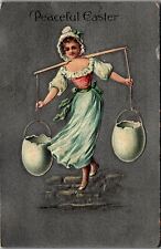 1909 PEACEFUL EASTER YOUNG LADY WATER EGG SHELL BUCKETS  EMBOSSED POSTCARD 25-84 picture