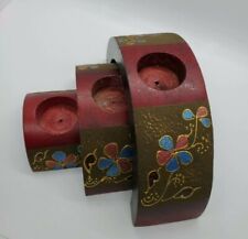 3 Nesting Wooden Metal Painted Half Moon Candle Holders Vintage  picture