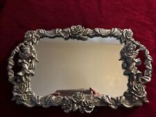 Vintage Pewter Cherub and Rose Vanity Mirror Tray 11x7” picture