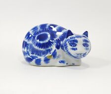 Porcelain Cat Figurine Blue White Sitting Kitty 6in New   picture