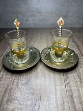 Turkish Tea Cup And Saucer Set With Spoons Set Lot Of 2 Vintage picture