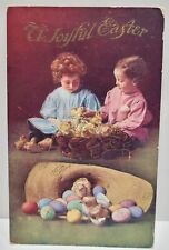 Vintage Postcard 1911 Easter Children Chicks Hat Full of Colored Eggs picture