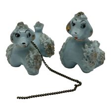 2 Vintage Small 2” Blue Spaghetti Poodle Dog Puppy Porcelain Figurine W/Chain picture