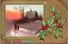 c1910s MERRY CHRISTMAS Embossed Postcard Winter House Scene / Holly - UNUSED picture