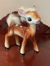 Vintage Ceramic Deer Fawn Figurine With Fur Tail And Hair Japan Kitsch Cute picture