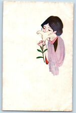 Japan Postcard Pretty Girl Smelling Flower c1910's Unposted Antique picture