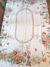 Vintage Linen Tablecloth 1950's 64x49 Flowers Butterflies  picture