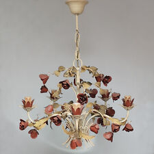VINTAGE ITALY FLORENTINE TOLE CHANDELIER CEILING FIXTURE 5 LIGHTS FLOWERS ROSES picture