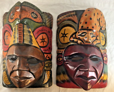 2 Vintage Mayan Aztec Masks Hand Carved and Hand Painted Wood Totem Style picture