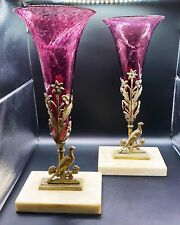 AMAZING Victorian Cranberry Swirl Trumpet Vases Metal Ornate Holders Marble Base picture
