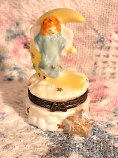 Vintage Porcelain Angel & Moon Cloud Hinged Trinket Box w/Interior Star+FREEBOX picture