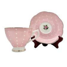 BTAT Brew To A Tea Cup and Saucer Pink White Dots Gold Trim Pink Rose picture