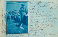 Cyanotype Postcard Woman in Gardening Hat w/ Beagle Puppy Dog Greenville WI 2 picture