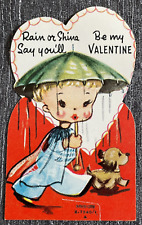 Americard Vintage Valentine Card Boy Puppy Umbrella Rain or Shine Be Mine USA picture