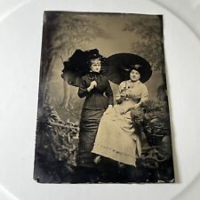 Tintype Two Young Women, Parasols Jungle Garden Setting c1870 Antique 1/6 Plate picture