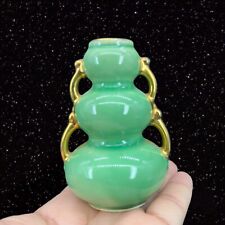 Vintage Ceramic Green Glazed Porcelain Vase With Golden Handles Hand Crafted 3
