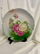 Antique 12” Hand Painted Plate Rose Motif Green Pink Romance  picture