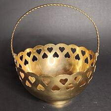 Brass Basket Planter Heart Trimmed With Handle Vintage Cottage Decor picture