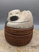 Rare Vintage Handmade Cat On A Wicker Rattan Basket picture