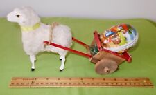 Vtg German LG Stick Leg Wooden Wooly Sheep w/ Cart & Egg Candy Container picture