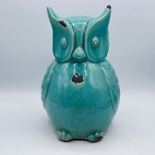 Vintage Owl Teal Blue Ceramic 9” Rustic Crackle Glaze Patio Home Decor Animal picture
