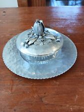 Vintage Rodney Kent Aluminum Hammered Lidded Glass Candy Dish & Tray picture