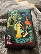 Vintage Signed Hand Painted RUSSIAN LACQUER BOX WHIMSICAL FOREST SCENE W/DOG SGN picture