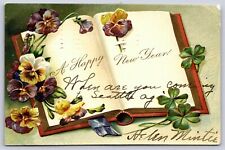 Postcard A Happy New Year, Open Book, Flowers, Four Leaf Clovers, DB 1906 Emboss picture