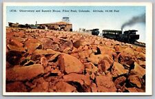 Observatory Summit House Pikes Peak Colorado Train Railroad Old Cars Postcard picture