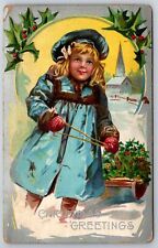 Holiday~Christmas Greetings~Girl Pulling Sled W/ Holly~PM 1911~Emb~Vtg Postcard picture