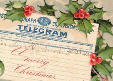 Vintage 1913 Stamped Telegram Holly Leaves Merry Christmas Postcard Posted picture