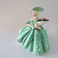 Vtg Lefton Figurine Planter #1855 Lady Green Polka Dot Dress w Pink Bouquet 6