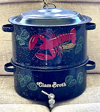 Vtg Enamel Double Steamer Lobster Pot w/Broth Spigot New England Clam Bake Nice picture