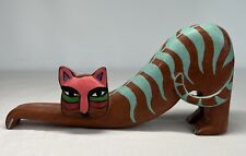 Wooden Whimsical Cat 8.5” Folk Art  Hand Painted Aqua Stripes - Laurel Burch? picture
