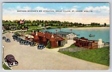 St Ignace Michigan~Indian Village~Canoe~c1940s Autos~Vintage Linen Postcard picture