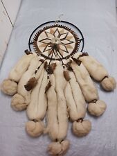 VINTAGE NATIVE AMERICAN WOOL DREAM CATCHER MANDELA HIDE FEATHERS BEADS. 34 X 15 picture