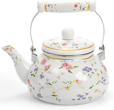 Vintage Enamel Tea Kettle, 2.6 Quart Floral Enamel on Steel Water Kettle Teapot  picture