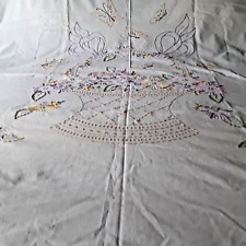 Vint 1930s Summer Bed Topper Basket w coloful flowers butterfly Cotton 78 x 78