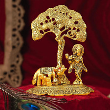 Lord Krishna with Cow and Calf Idol | Brass, Golden | 6.6 Inch | Krishna Statue  picture