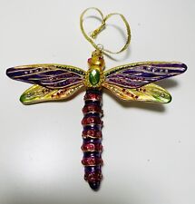 Blow Glass Dragonfly Christmas Ornament Colorful Purple Red Green Large 5” picture