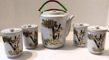 ANTIQUE GREAT CHINA BAMBOO MOTIF TEA SET, TEAPOT AND FOUR CUPS, CUPS HAVE LIDS. picture