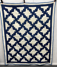 Vintage Drunkard's Path Quilt Hand Pieced Hand Quilted Blue and White 68 x 83 picture