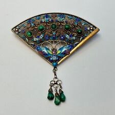 Antique Chinese Enameled Silver Fan Butterfly Pin Brooch picture
