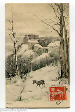 Fancy CPA - New Year theme, Landscape, Deer, Snow, Traveled 1912, PTL picture